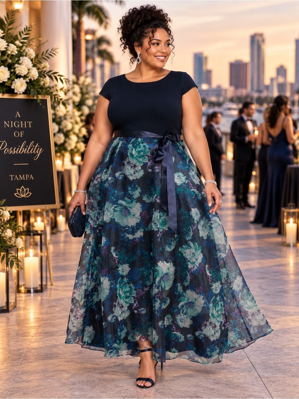 SL Fashions 20W Navy Floral Organza Satin Sash Gala Evening Gown NWT Plus Size